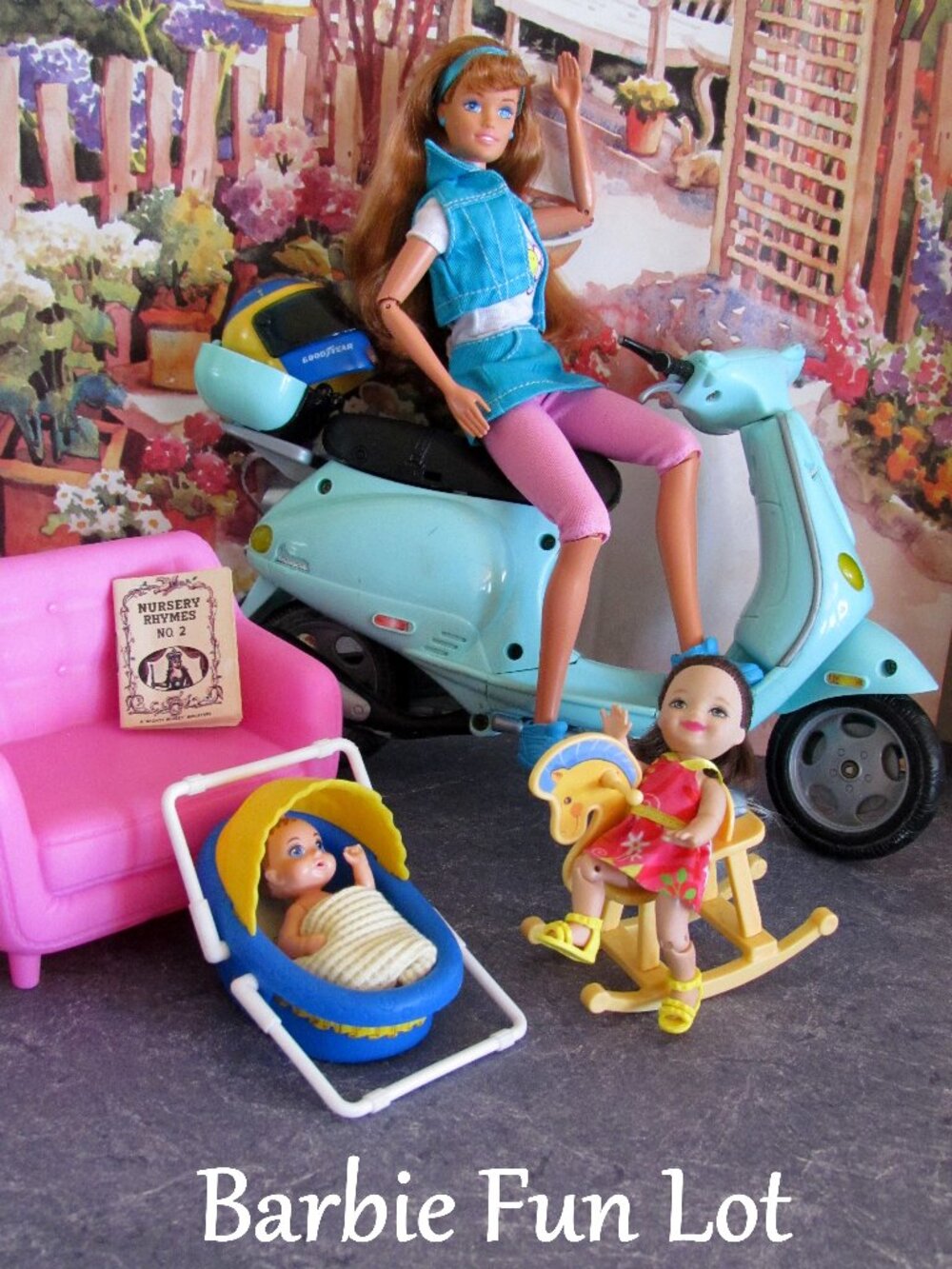 BARBIE LOT: BABYSITTING ARTICULATED BECKY, MOTOR BIKE, KELLY, & BABY; FURNITURE
